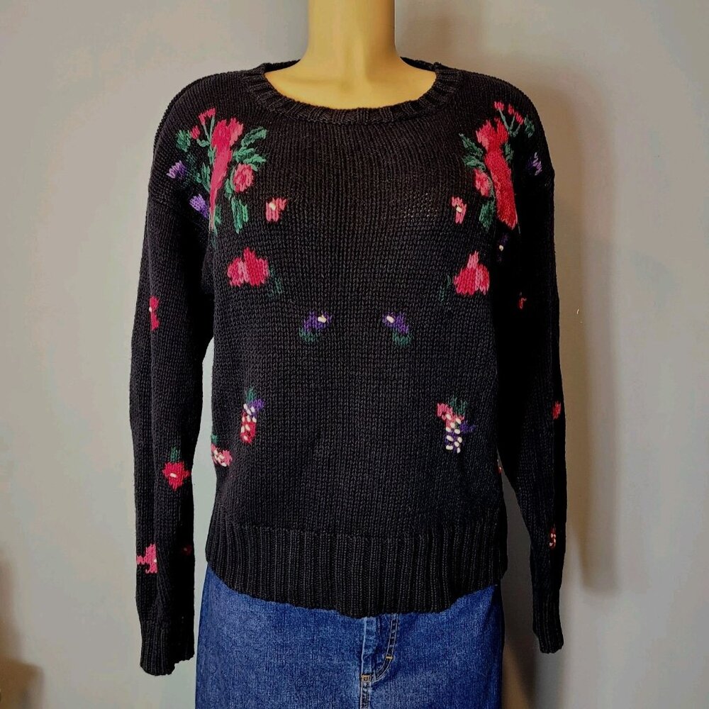Vintage Pierre Cardin Multicolor‎ Floral Cottage Embroidered Sweater 90s USA